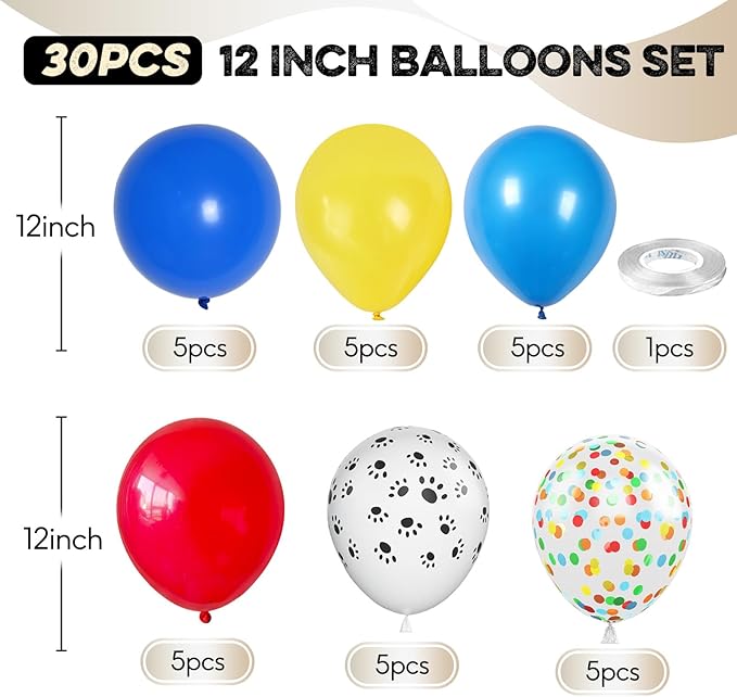 Dog Paw Balloons, 12 Inch Carnival Circus Balloons Red Yellow Blue and White Paw Print Puppy Balloons Colorful Confetti Latex Balloon for Dog Themed Birthday Party Decorations