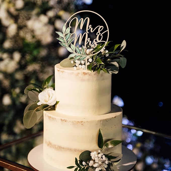 Mr & Mrs Cake Topper Greeny Wedding Cake Topper in Wood (Design 02)