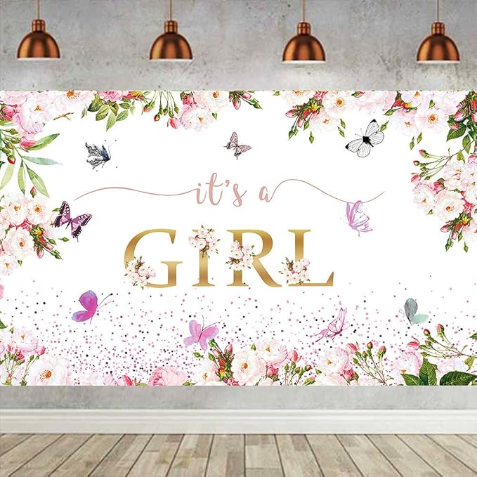 Pink Gold Baby Shower Decor Kit with It's a Girl Backdrop Banner, Balloons, Pink Balloon Garland, Tablecloth and Sash