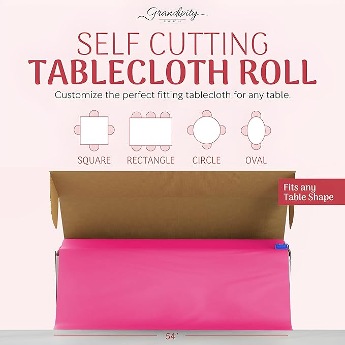 Grandipity Plastic Tablecloth Roll - 54in x 300 Ft. Hot Pink Plastic Table Cloths for Parties Disposable with Cutter Box - Cut to Size Disposable Tablecloth Table Cover for Rectangle & Round