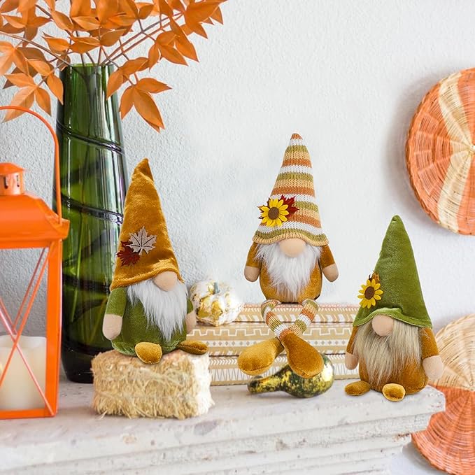 DAZONGE Thanksgiving Decor, 3PCS Harvest Gnomes Plush for Tiered Tray Decor, Thanksgiving Decorations for Home, Fall Leaves and Dangle Legs Gnomes for Home Decorations