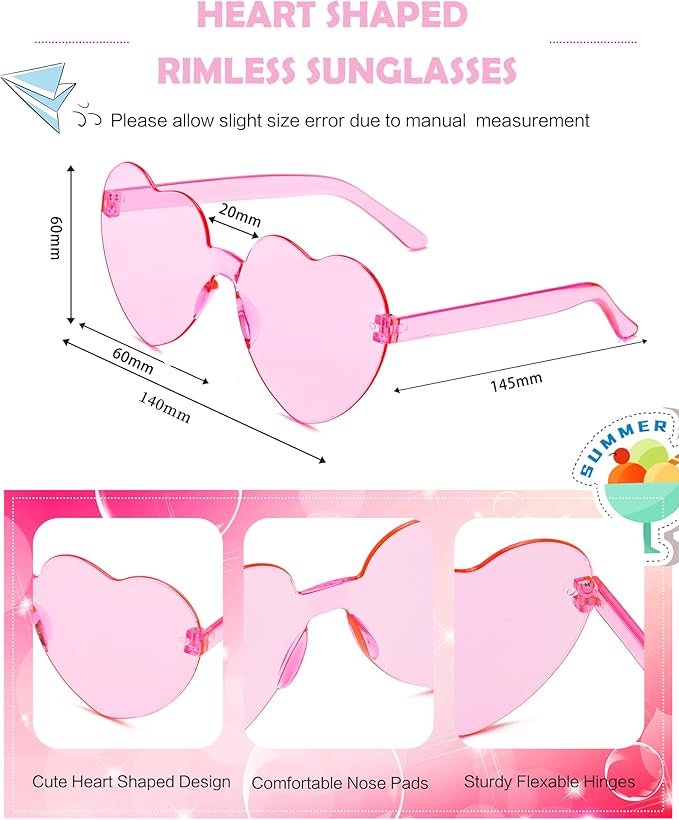 40 Pairs Heart Shaped Sunglasses Bulk, Colorful Rimless Fun Heart Sunglasses for Women Party Favors