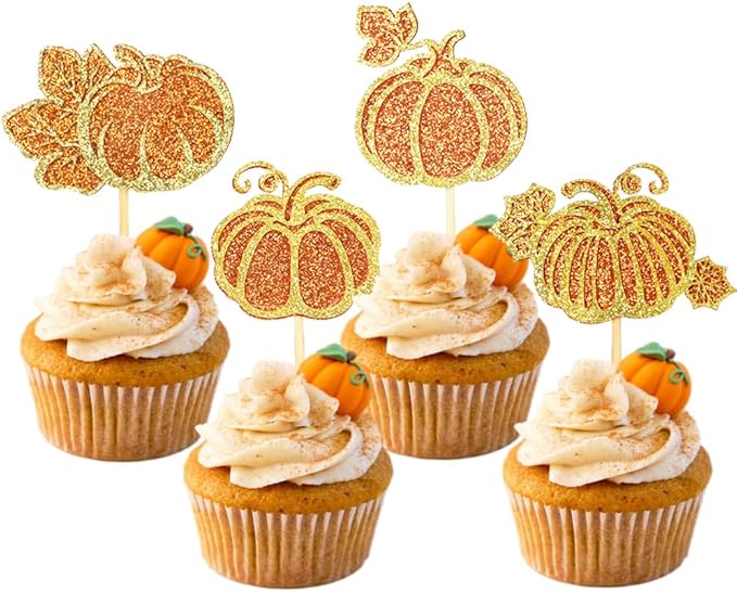 Glitter 24Pcs Pumpkin Cupcake Toppers Thanksgiving Cupcake Toppers Fall Theme Cupcake Picks for Thanksgiving Day Harvest Pumpkin Theme Baby Shower Birthday Cake Decorations Party Supplies