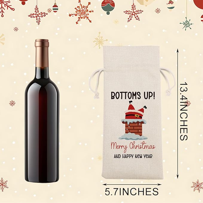 Funny Christmas Wine Bags for Wine Bottles Gifts Christmas Wine Bottle Cover Drawstring Gift Bags Bottoms Up Burlap Wine Bag for Xmas Birthday Holiday Wedding Housewarming Party Decorations