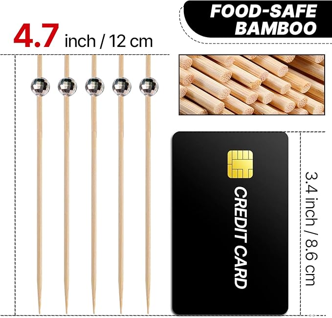 PuTwo Cocktail Picks 4.7 Inch 100pcs Bamboo Fancy Skewers Toothpicks for Appetizers Silver Disco Toothpicks for Food Drink Fruit Sandwich BBQ Charcuterie Boards Accessories Disco Party Supplies