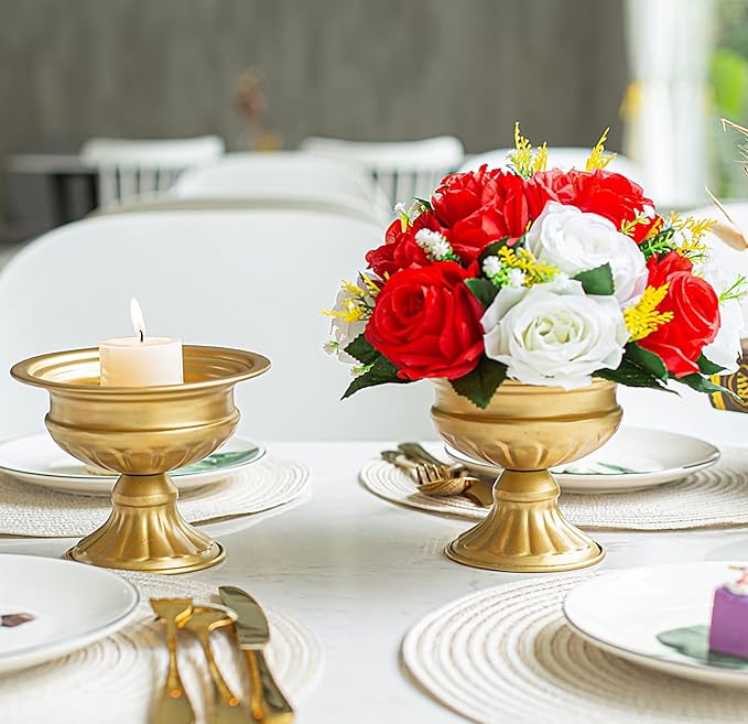 Artificial Flowers, 6 Pcs Flower Ball Arrangement Bouquets 15 Heads Plastic Roses with Base, Perfect for Wedding Party Valentines Table Decoration, Home Décor, Wedding Centerpieces (red White)