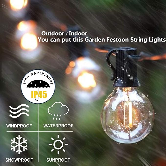 Outdoor String Lights 50FT G40 LED Globe Bulbs - Shatterproof, Connectable, Waterproof - 27 Bulbs (2 Extra), 25 E12 Hanging Lights for Patio, Bistro, Pergola, Gazebo