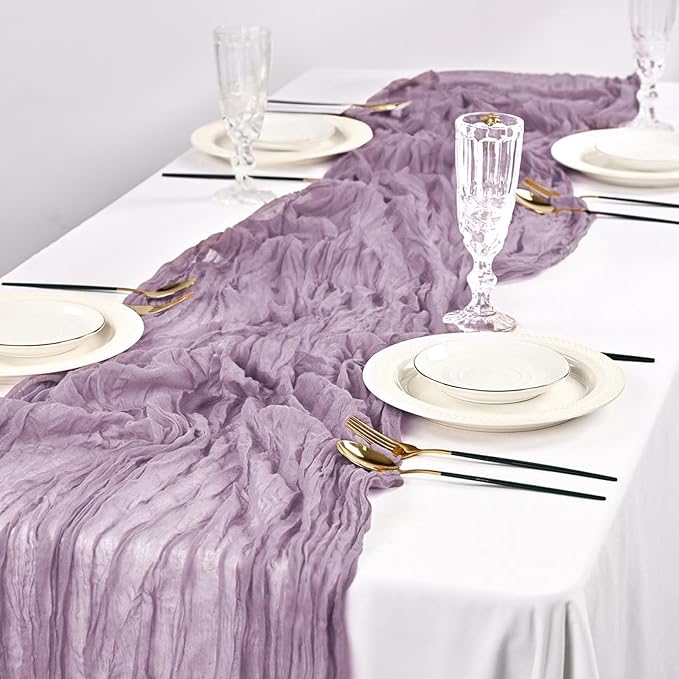 20PCS Grape Cheesecloth Table Runner 10ft Boho Gauze Fabric Cheese Cloth Table Runner Comes with 20 Cloth Napkins Runner for Romantic Wedding Birthday Shower Party Table Decoration