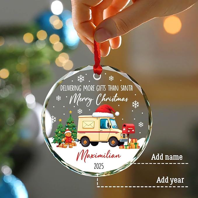 2025 Personalized Mail Carrier Christmas Glass Ornament, Delivering More Gifts Than Santa Merry Christmas Ornament Gift for Postal Worker, Custom Name & Year Mailman Ornaments Xmas Tree Decor
