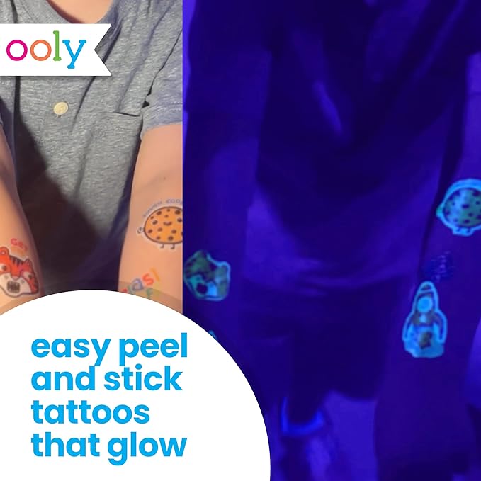 Ooly 40+ Glow in the Dark Temporary Tattoos For Kids, Safe & Non-Toxic Temporary Tattoo, Party Favors Gifts for Kids - Zero Gravity Dinos