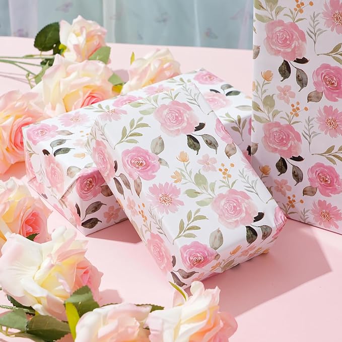 ZINTBIAL Pink Floral Wrapping Paper Roll - Watercolor Roses and Light green leaves Design, 17 Inches x 16.5 Feet, Gift Wrap for Wedding, Bridal Shower, Birthday, Mother's Day, Cut Lines on Back