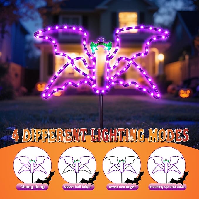 Halloween LED Bat Lights 3 Pack, Hanging or Stakeable Indoor & Outdoor Halloween Decor, 4 Light Modes, Timer Function, Perfect Yard & Party Decorations