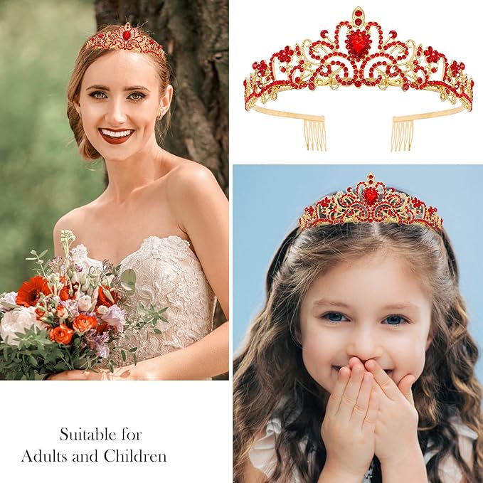 Velscrun Princess Crown, Tiara & Sash Set for Girls, Red, Wedding & Party Accessory