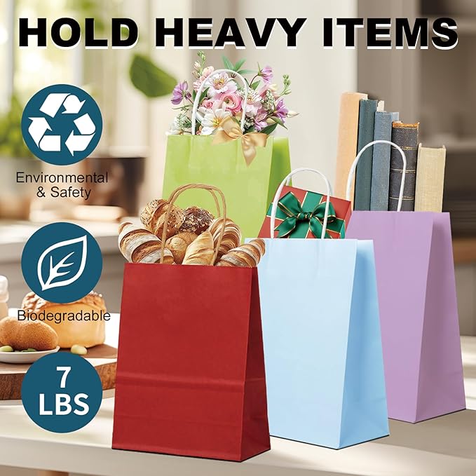 BAG BOX 25 Pack 8.3 * 4.3 * 10.6 Inch Purple Gift Bags with Handles,Bulk Kraft Paper Bags for Shopping, Retail, Merchandise, Wedding, Party Favors, Paper Grocery Sacks