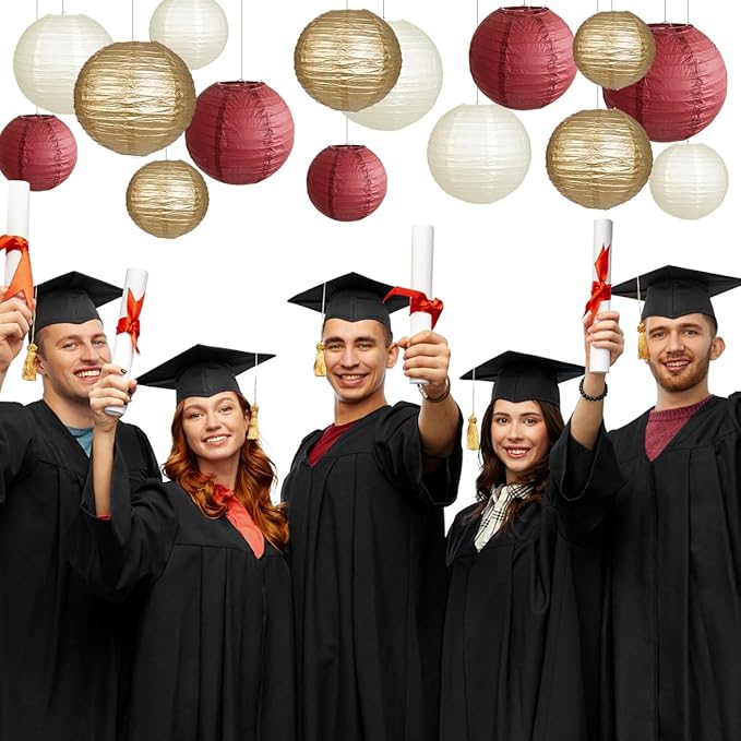 Paper Lanterns Party Decorations, Round Hanging Paper Lanterns Decorations for Graduation Bachelorette Wedding Birthday Party Supplies Maroon/Gold/Ivory 15pcs