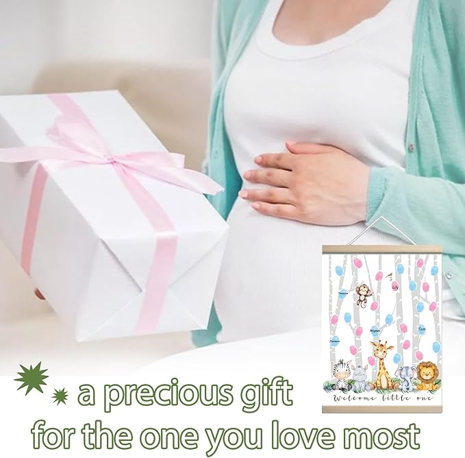 QZCYU Gender Reveal Decorations Fingerprint Tree with Woodland Safari Animals, Gender Reveal Games Canvas Hanging Paintings Decor, Baby Shower Ideas