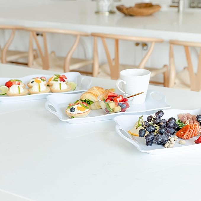 Large Melamine Tray, 17" x 11.5" - White Serving Tray with Handles - Dishwasher Safe - Rectangular Melamine Platter for Meat, Appetizers, Cookies, Grill or Party Snacks - Set of 3