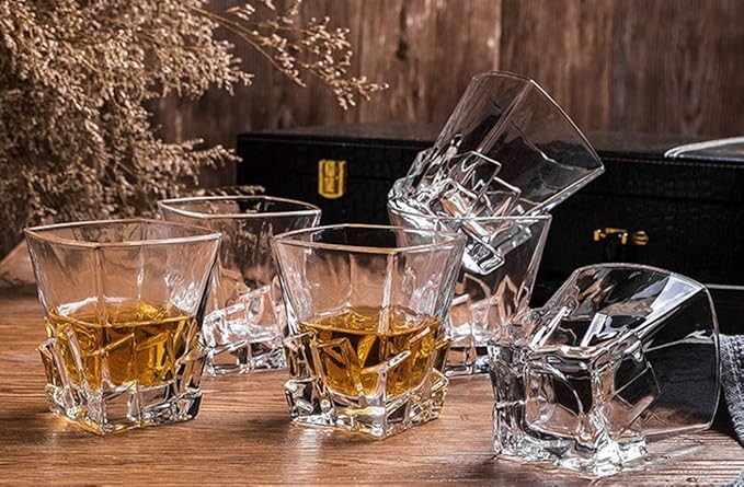 Premium Crystal Whiskey Glasses Set of 6 Large Lead-Free Crystal Glass Tasting Cups Scotch Glasses Tumblers for Drinking Irish Whisky Bourbon Tequila (Ice Cube, 6 * 9.6 oz)