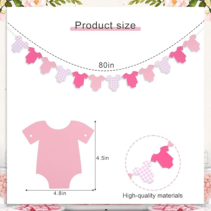 Pink Bodysuit Banner - Baby Shower Decoration Pink Gingham Banner,Shower Gingham Bunting Decor (pink)