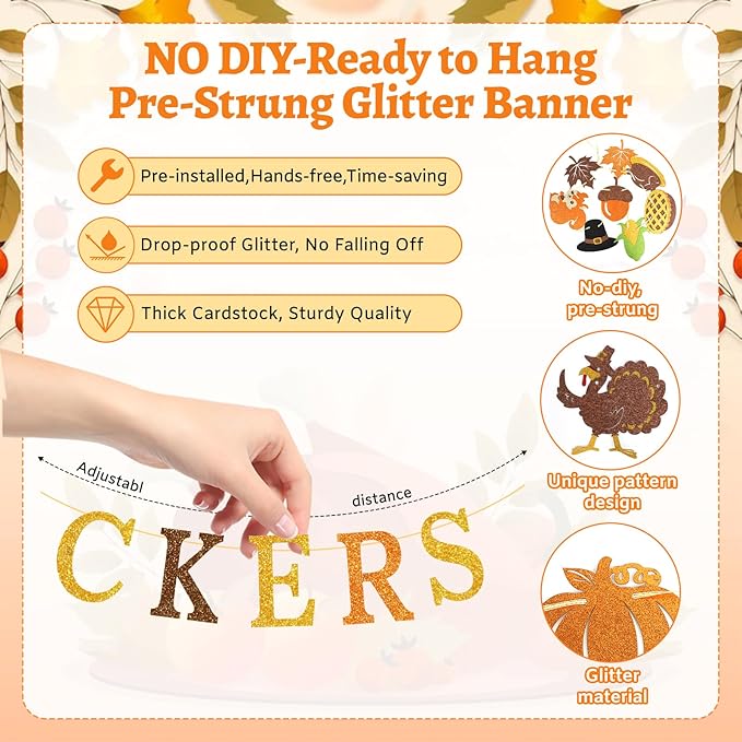 Thankful for You Banner Glitter Friendsgiving Party Decorations Happy Thanksgiving Day Indoor Decor for Home Office Mantle Fall Pre Assembled Hanging Garland Sign Turkey Pumpkin Plastic