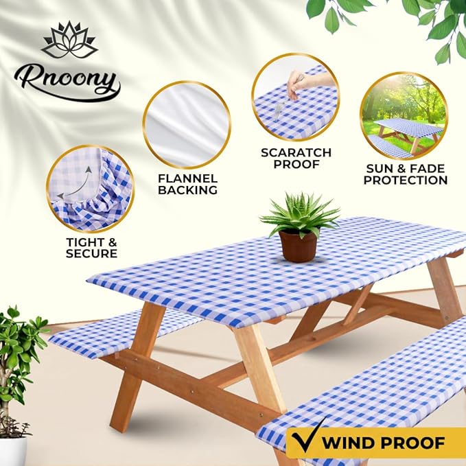 RNOONY 6ft Polyester Picnic Table Cover with Bench Covers Windproof & Waterproof Tablecloth, Perfect for Camping Gifts & RV Essentials, Cool Camping Gadgets, with Carrying Bag, 72x30 Inches, 4Pcs,Blue
