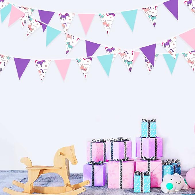32Ft Pink Purple Blue Pennant Banner Fabric Triangle Flag Bunting Garland for Rainbow Theme Summer Decor Magical Birthday Wedding Party Home Outdoor Garden Hanging Decorations