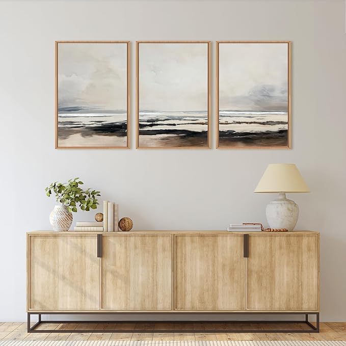 HOURIA Large Neutral Abstract Gray Framed Wall Art Set,Minimalist Modern Beige Brown Landscape Wall Decor,Wilderness Filed Artwork,Watercolor Misty Lake Print for Living Room,Bedroom,Office- 24"x36"x3