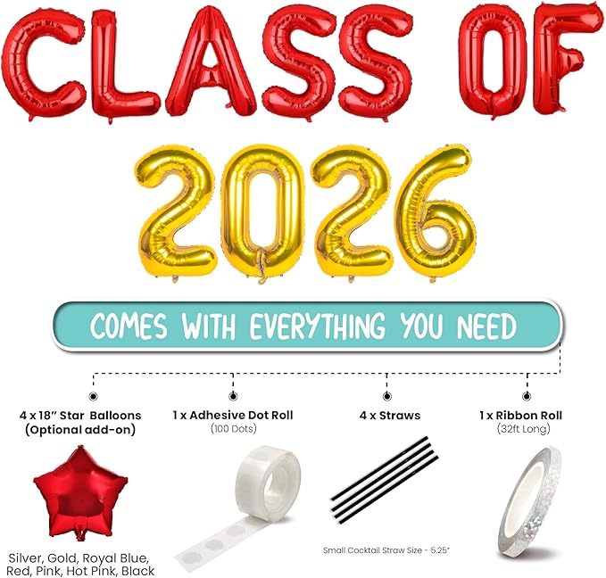BALLOON VIBE CLASS OF 2026 Balloons - Graduation Ceremony Backdrop for Convocation - Foil Letter Balloons with Straws, Adhesive Dots & Ribbon - Class of 2026 Banner for Graduation Party Decor