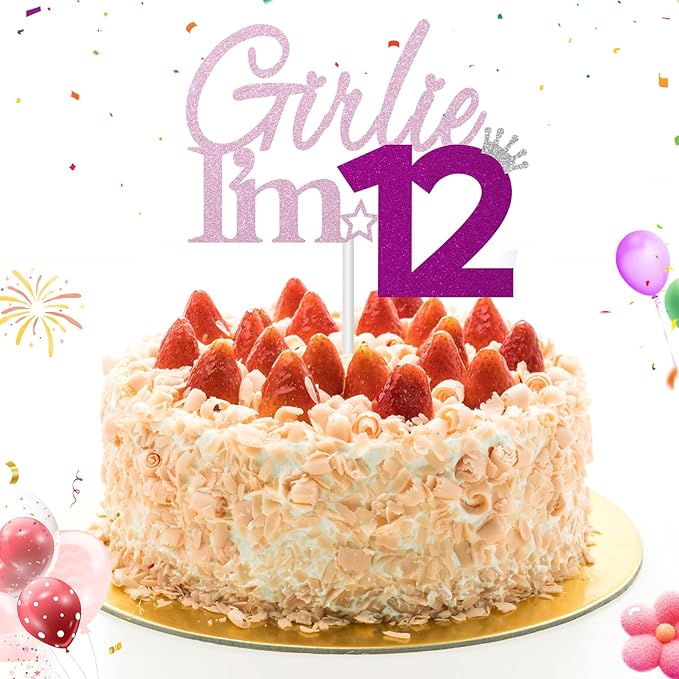 Girlie I'm 12 Cake Topper, 12th Birthday Decorations for Girl, Glitter Funny 12th Birthday Cake Topper, Girlie 12 Year Old Birthday Party Decoration Supplies