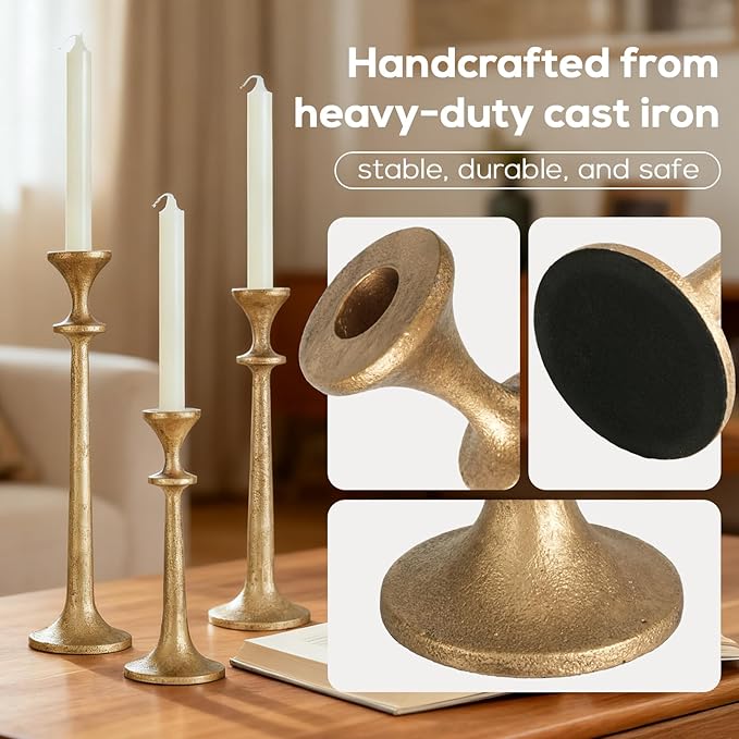 Gold Taper Candle Holders Set of 3 Heavy Cast Iron Antique Brass Candlestick Holder for Table Centerpiece Vintage Decorative Candelabra for Home Decor Fireplace Wedding Holiday Christmas Halloween