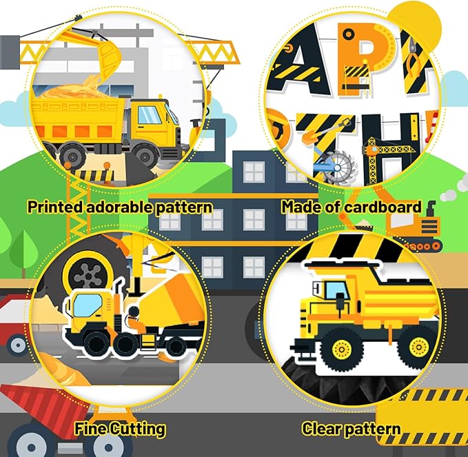 Construction Birthday Party Supplies, Truck Theme Party Decorations Include Happy Birthday Banner, Backdrop, Hanging Swirls, Honeycomb Centerpieces, Construction Birthday Party Supplies for Boys Kids
