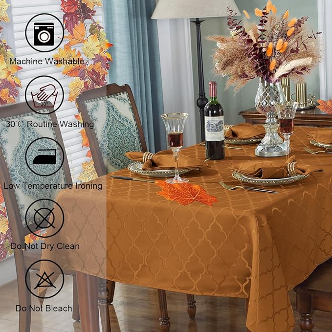 SASTYBALE Brown Damask Jacquard Tablecloth - 52x52 Inch Square/Round (2-4 Seats) - Water Resistant, Wrinkle-Free Durable Fabric - Fall Thanksgiving & Christmas Daily Table Cover