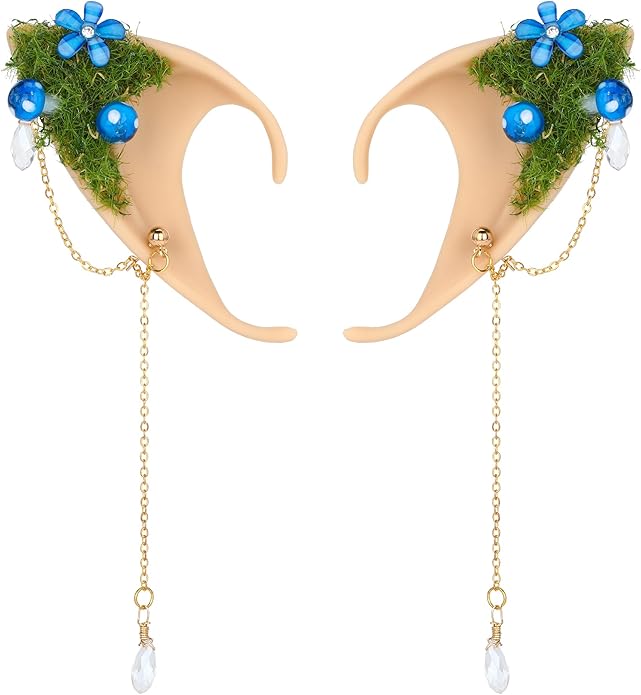 FRESHME Forest Mushroom Elf Ears, Soft Fairy Ears with Mushroom Moss and Flower Elven Ear Cuffs Halloween Renaissance Cosplay