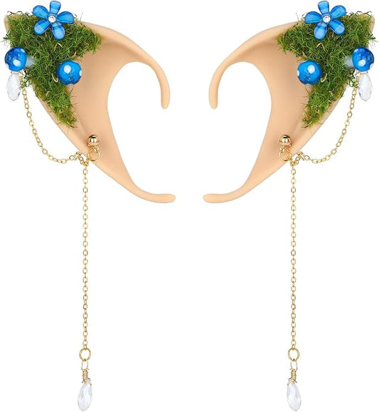 FRESHME Forest Mushroom Elf Ears, Soft Fairy Ears with Mushroom Moss and Flower Elven Ear Cuffs Halloween Renaissance Cosplay