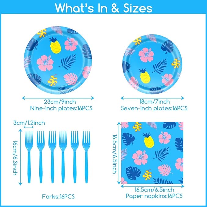 96 Pcs Hawaii Birthday Decorations Blue Hawaii Theme Party Decorations Set Serves 16 - Paper Plates and Napkins,Banners,Balloons,Tablecloths for Baby Shower,Boys Birthday Party Supplies
