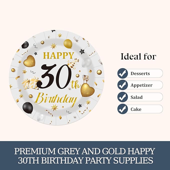 75PCS 30th Birthday Plates and Napkins Party Decorations, 7 Inch Premium Grey and Gold Happy Birthday Plates and Napkins Disposable Tableware Set 30 Year Old Birthday's Party Decor Women Men Her Him