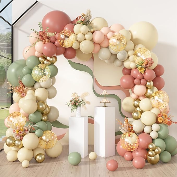 Amandir 173Pcs Dusty Pink Yellow Mist Green Balloon Arch Garland Kit Pastel Peach Mauve Ivory White Sand Confetti Balloons for Fall Bear Baby Shower Summer Birthday Wedding Floral Party Decorations