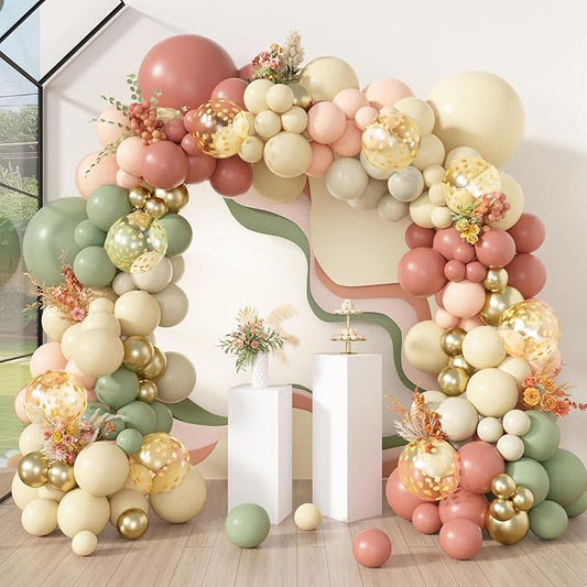 Amandir 173Pcs Dusty Pink Yellow Mist Green Balloon Arch Garland Kit Pastel Peach Mauve Ivory White Sand Confetti Balloons for Fall Bear Baby Shower Summer Birthday Wedding Floral Party Decorations