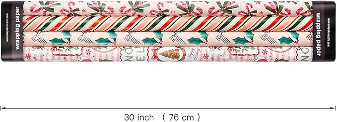 WRAPAHOLIC 30 Inch Christmas Wrapping Paper Roll - Jumbo Roll Red and Green Christmas Decor, Candy Canes, Holly and Bow Wrapping Paper - 4 Rolls - 30 Inch x 120 Inch Per Roll