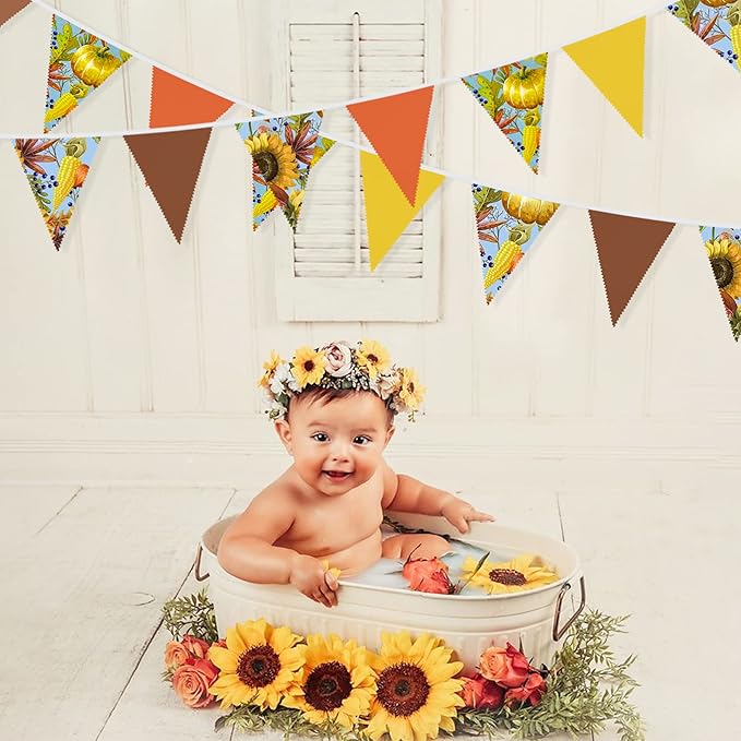 32Ft Orange Yellow Brown Banner Pumpkin Triangle Flag Fabric Pennant Garland Bunting for Happy Fall Decor Thanksgiving Day Harvest Autumn Wedding Birthday Party Home Outdoor Garden Hanging Decoration