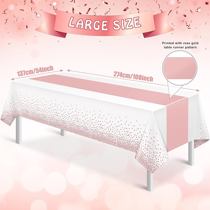 3Pcs White and Rose Gold Tablecloth Party Decorations,Plastic White Table Cloth Printed Rose Gold Table Runner Disposable Rectangle Cover for Birthday Anniversary Wedding Grad Party,54 x108 Inch