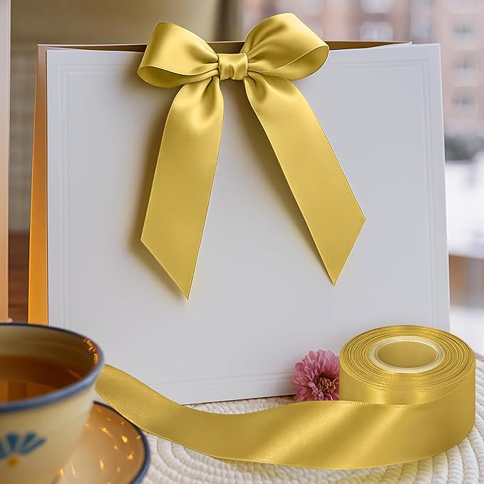 Fullive Champagne Gold Ribbon, 30 Yards Satin Ribbon 1 1/2 Inch, Polyester Satin Christmas Ribbon for Wedding Xmas Tree Graduate New Years Decorations DIY Bows Bouquet Gift Wrapping Christmas Favors