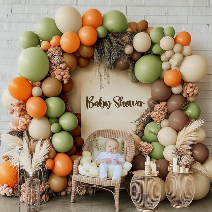 Green Orange Brown Balloon Garland Double Stuffed Dusty Green Dark Brown Balloons White Sand Coffee Fall Balloon Arch Kit for Birthday Woodland Baby Shower Dinosaur Autumn Theme Party Decoration