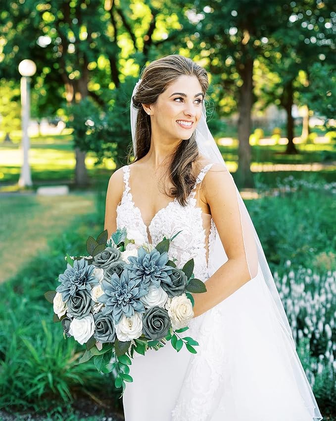 Roses Artificial Flowers Blue Fake Flower Bulk for DIY Wedding Bouquets Bridal Baby Shower Centerpiece Table Decorations Silk Faux Floral Arrangements for Party Home Decor Indoor Dusty Blue