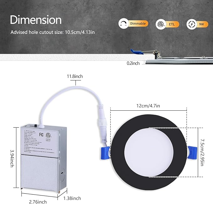 CycevSun 16 Pack Black Recessed Lights 4 Inch with Night Light, Canless Ultra Thin Wafer Soffit Downlight with Junction Box, Dimmable & 5 Color Selectable, 9W, ETL & Energy Star