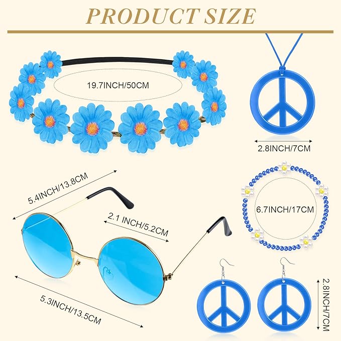 Batiyeer 6 Pcs Hippie Costume Accessories Set, Boho Peace Sign Daisy Flower 60s 70s Party Favors Decor for Groovy Party Women(Blue)
