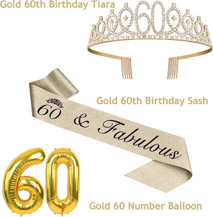 60th Birthday Decorations for Women Gold with 60th Birthday Sash and Tiara, Cake Topper and Candles,Number Balloons, 60 Year Old Gifts for Women