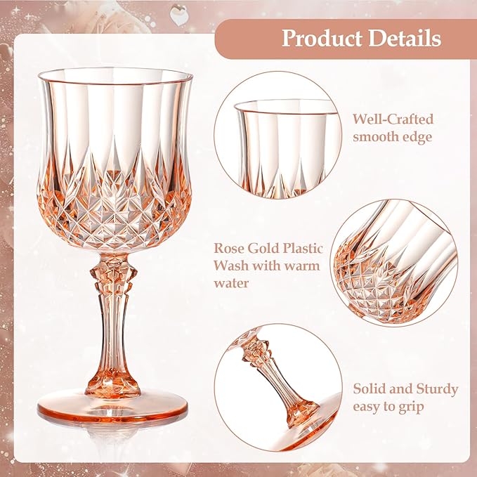 XUWAIDSGN 16 Pcs 7oz Plastic Vintage Wine Glasses Drinking Glasses Unbreakable Wedding Glassware Crystal Water Goblets Reusable Drinkware Vintage Champagne Flutes (16, Pink)