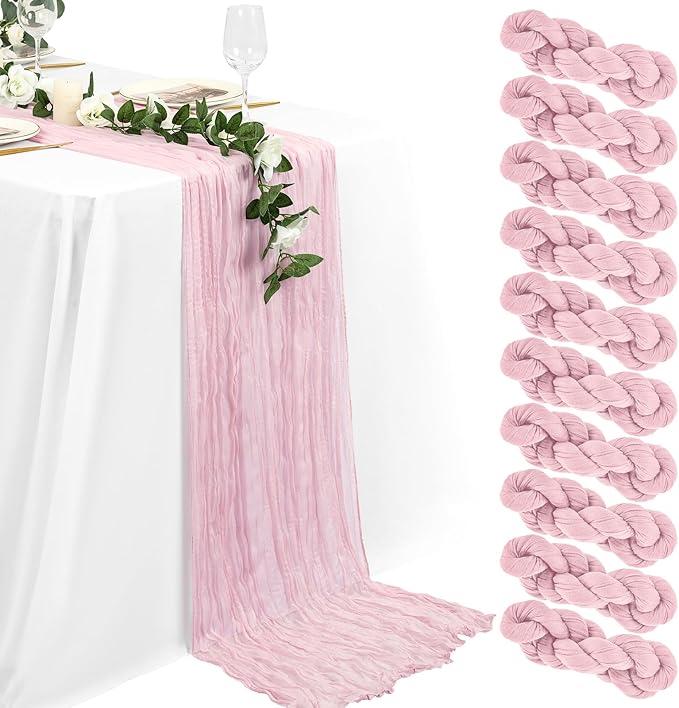 10 Packs Pink Cheesecloth Table Runner Baby Pink, 35x120 inch Rustic Gauze Boho Wedding Table Runner Decoration, Wedding Table Decor Table Cloth for Wedding Party Bridal Shower Table