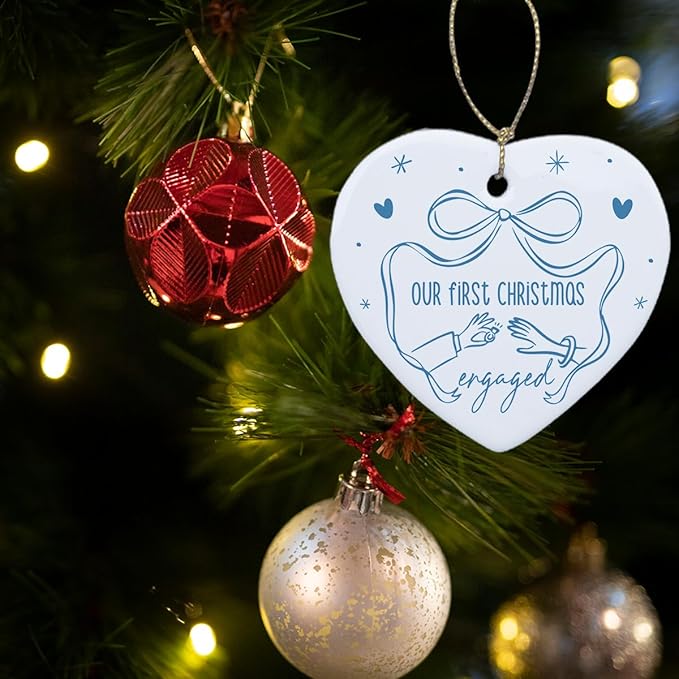 Our First Christmas Engaged Ornament Just Engaged Gifts for Him Her Fiance Newly Couple Engagement Christmas Heart Ceramic Xmas Tree Ornament Decorations